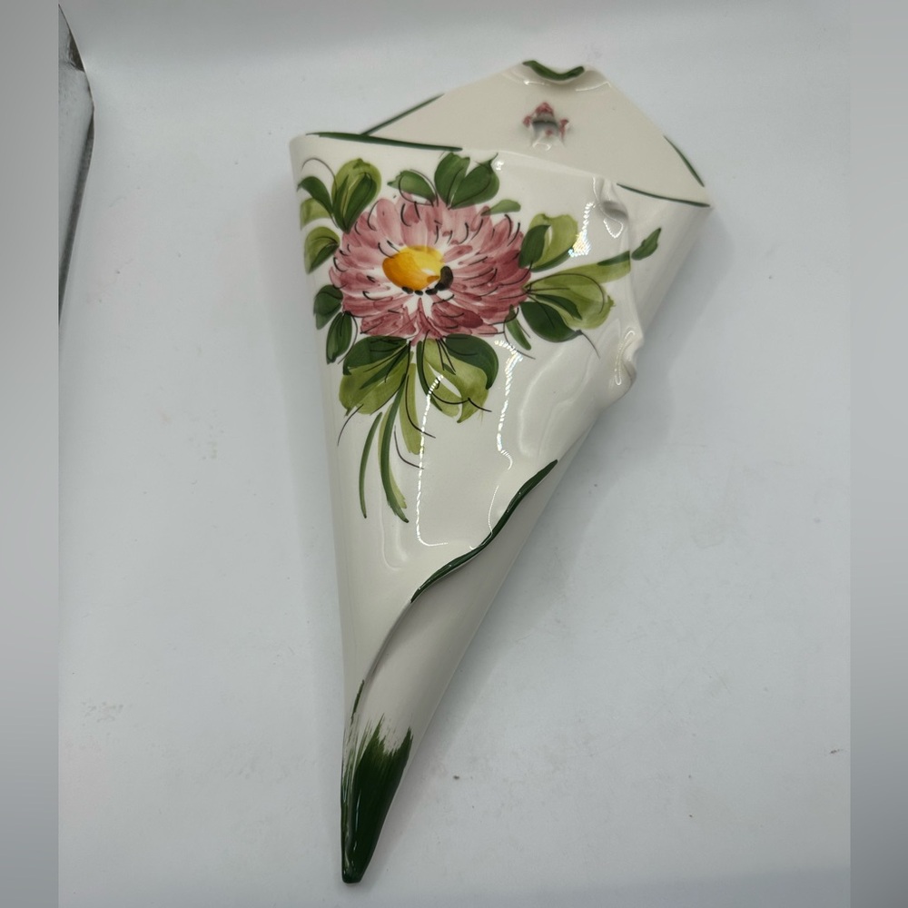 Hand-Painted Floral Cone Shaped Wall Pocket Vase Made In Italy - Picture 1 of 9